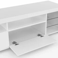 Meuble TV blanc laqué avec étagères en verre et LED*IDMarket Hot