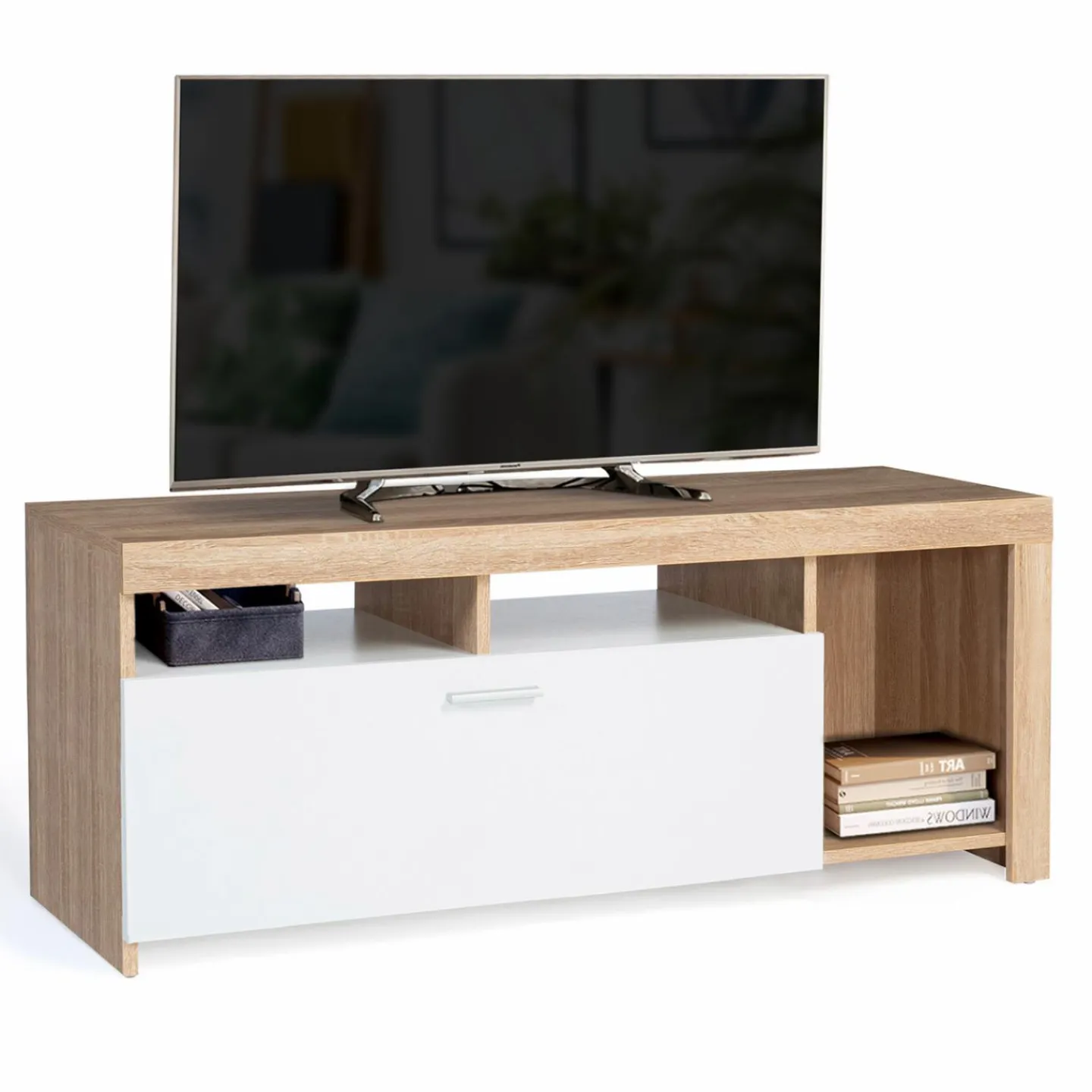 Meuble TV bois et placard blanc moderne*IDMarket Online