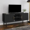Meuble TV bois noir 110 cm 2 portes effet lattes*IDMarket Online