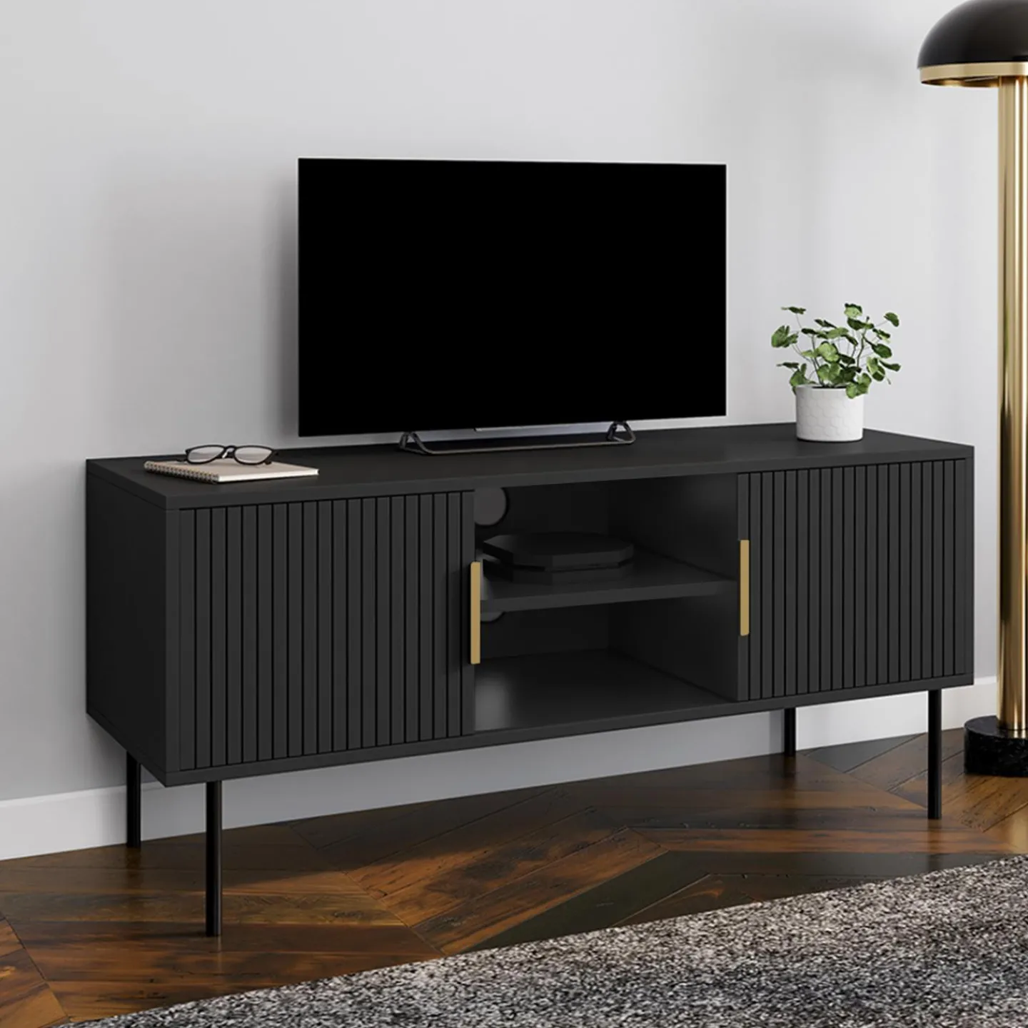 Meuble TV bois noir 110 cm 2 portes effet lattes*IDMarket Online