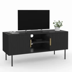 Meuble TV bois noir 110 cm 2 portes effet lattes*IDMarket Online