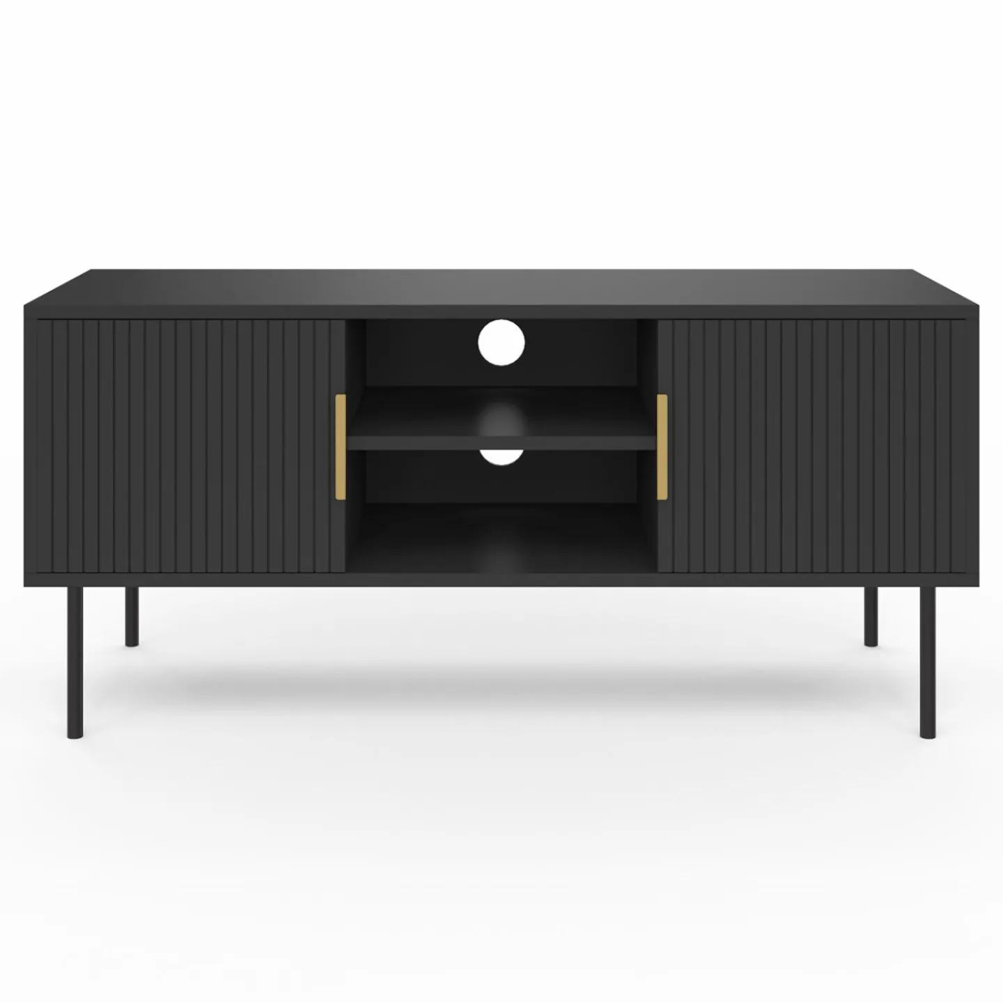 Meuble TV bois noir 110 cm 2 portes effet lattes*IDMarket Online