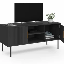 Meuble TV bois noir 110 cm 2 portes effet lattes*IDMarket Online