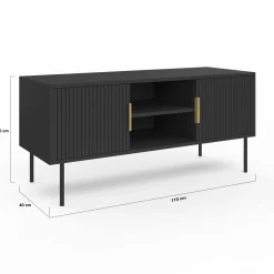 Meuble TV bois noir 110 cm 2 portes effet lattes*IDMarket Online