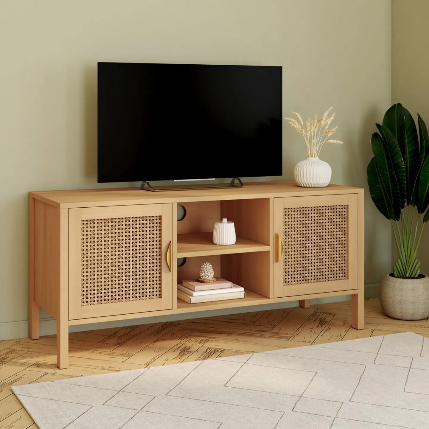 Meuble TV cannage 110 cm avec 2 portes*IDMarket Outlet