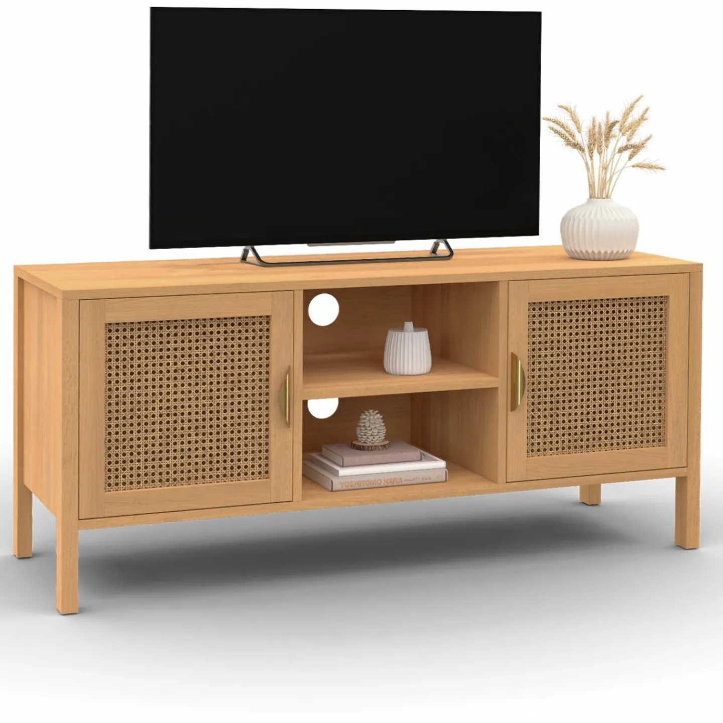 Meuble TV cannage 110 cm avec 2 portes*IDMarket Outlet