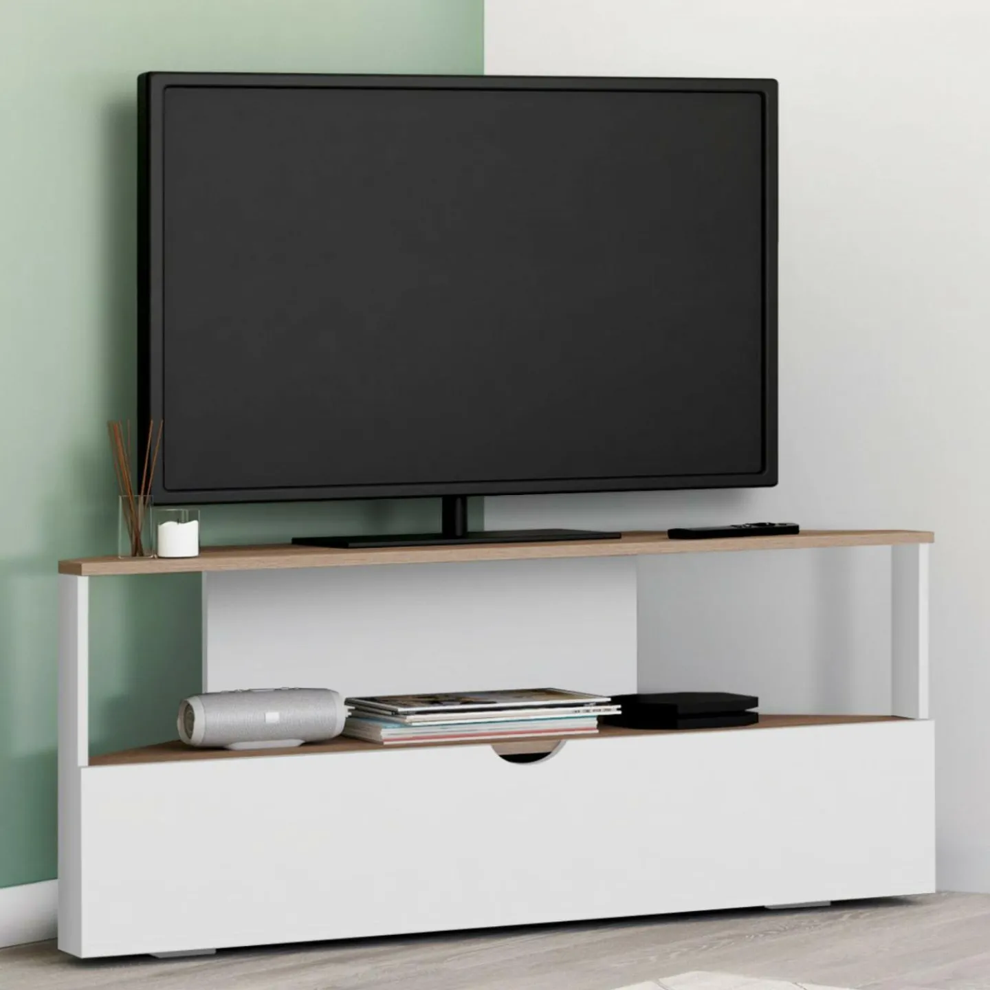 Meuble TV d'angle 100 cm en bois façon hêtre et blanc*IDMarket Hot