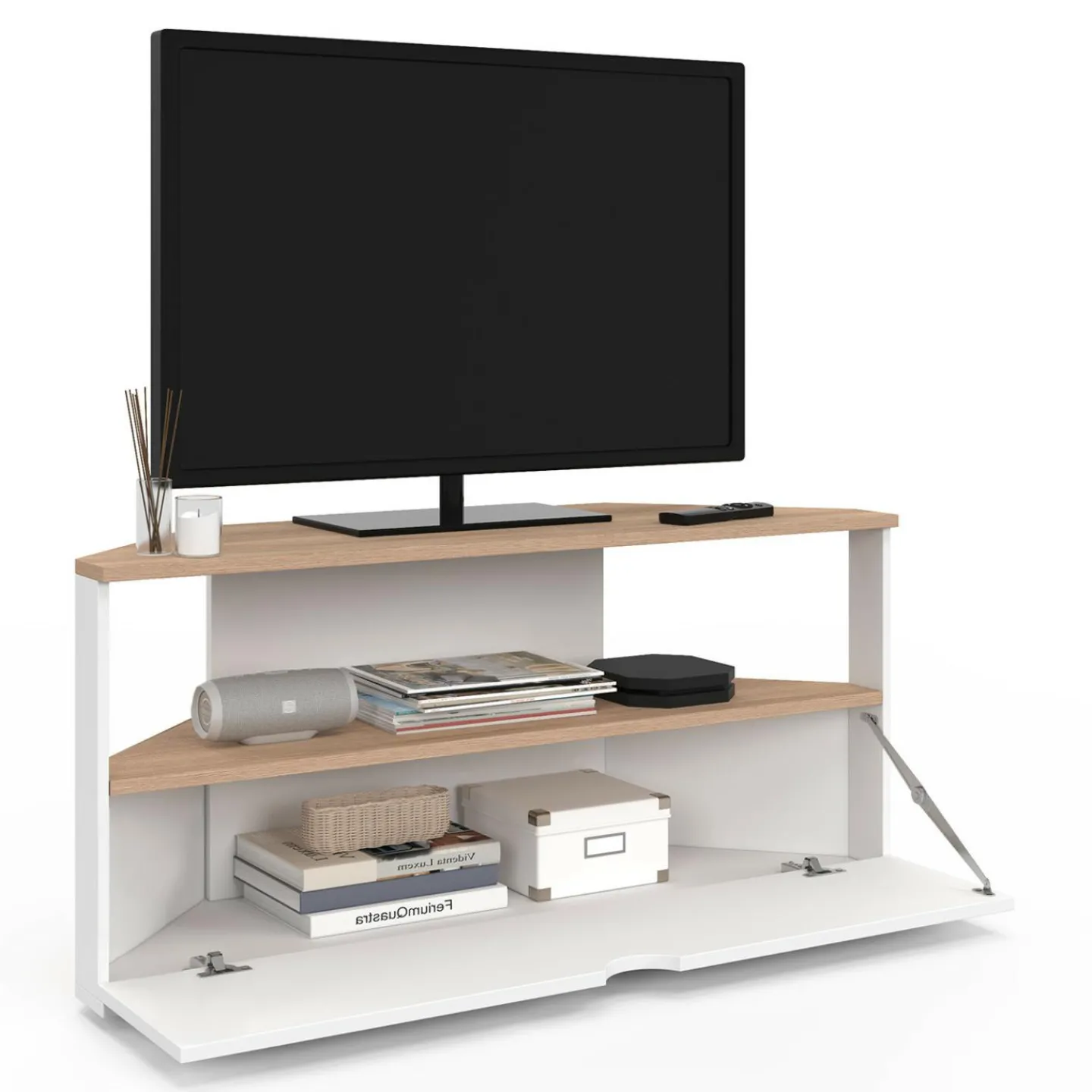 Meuble TV d'angle 100 cm en bois façon hêtre et blanc*IDMarket Hot