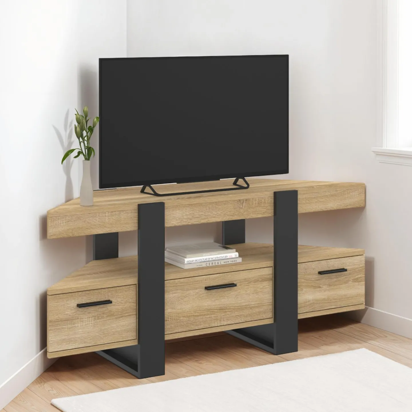 Meuble TV d'angle bois et noir*IDMarket