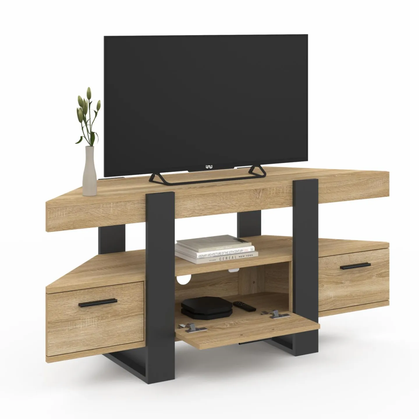 Meuble TV d'angle bois et noir*IDMarket
