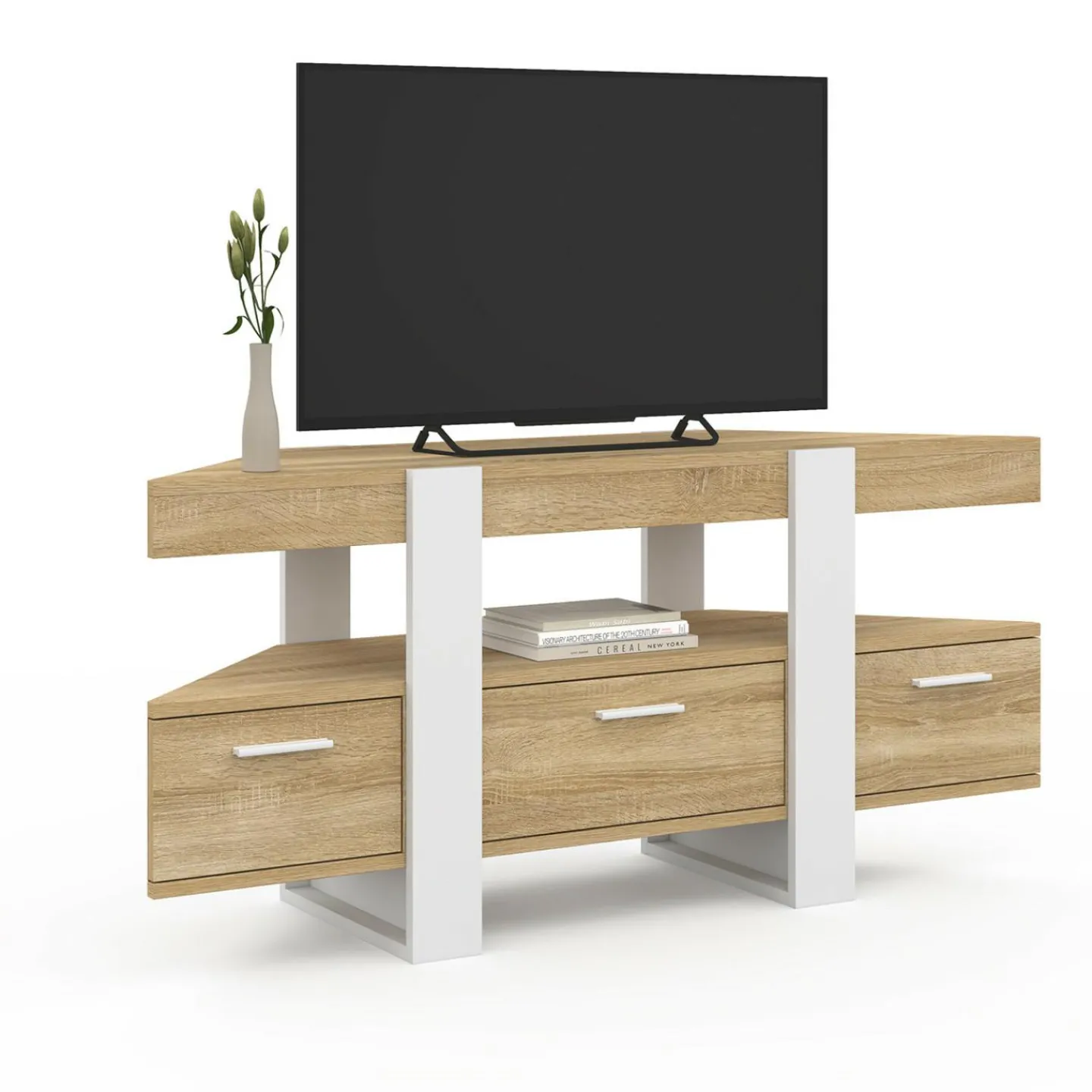 Meuble TV d'angle bois et blanc 110cm avec tiroir*IDMarket Discount