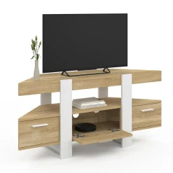 Meuble TV d'angle bois et blanc 110cm avec tiroir*IDMarket Discount