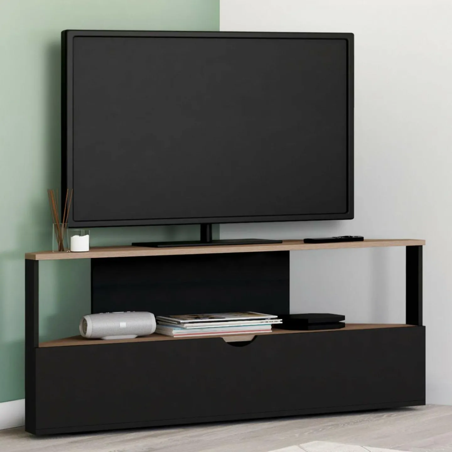 Meuble TV d'angle bois façon hêtre et noir 100 cm*IDMarket Best