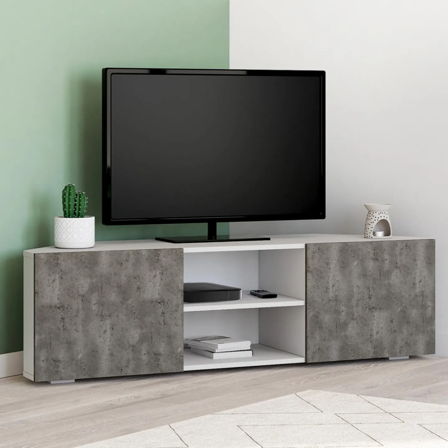 Meuble TV d'angle effet béton et blanc 110 cm*IDMarket Clearance
