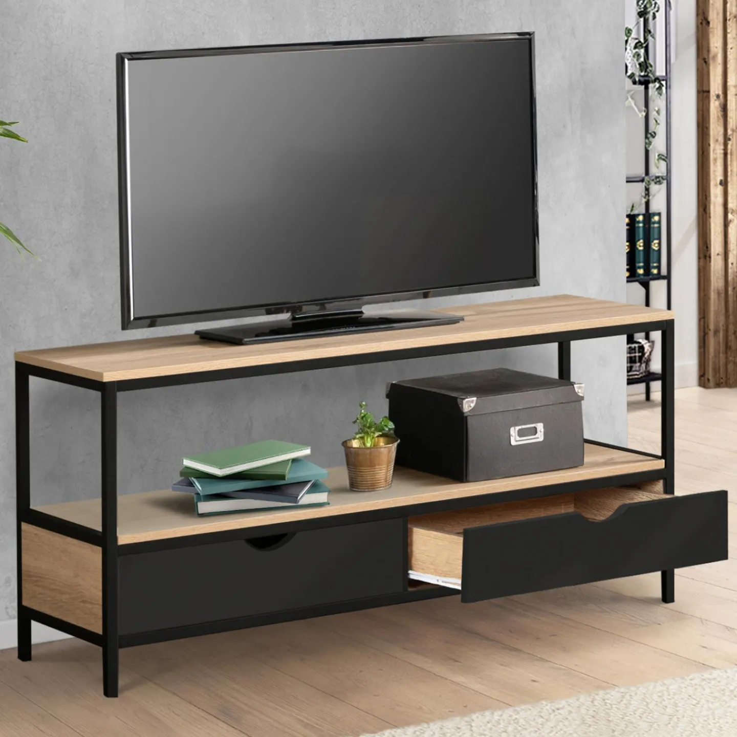 Meuble TV en bois et métal noir 2 tiroirs*IDMarket
