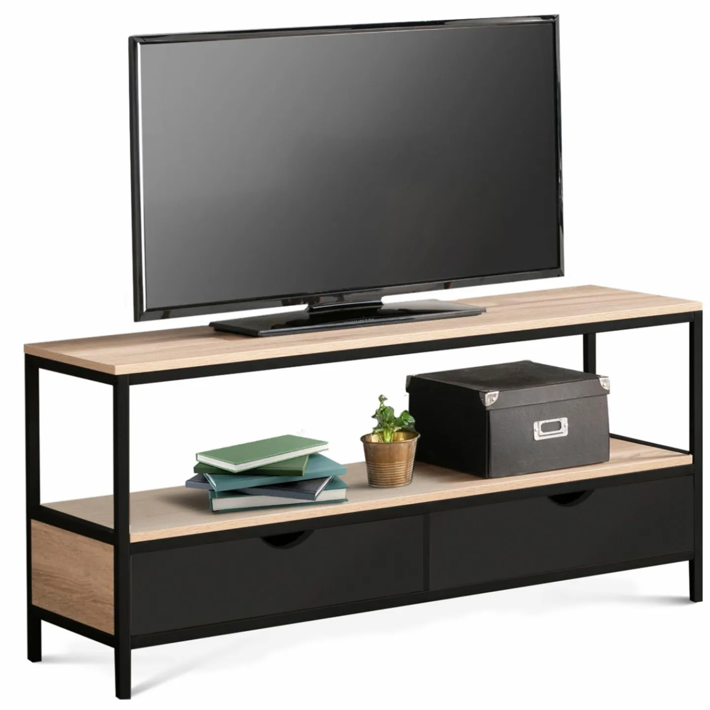 Meuble TV en bois et métal noir 2 tiroirs*IDMarket