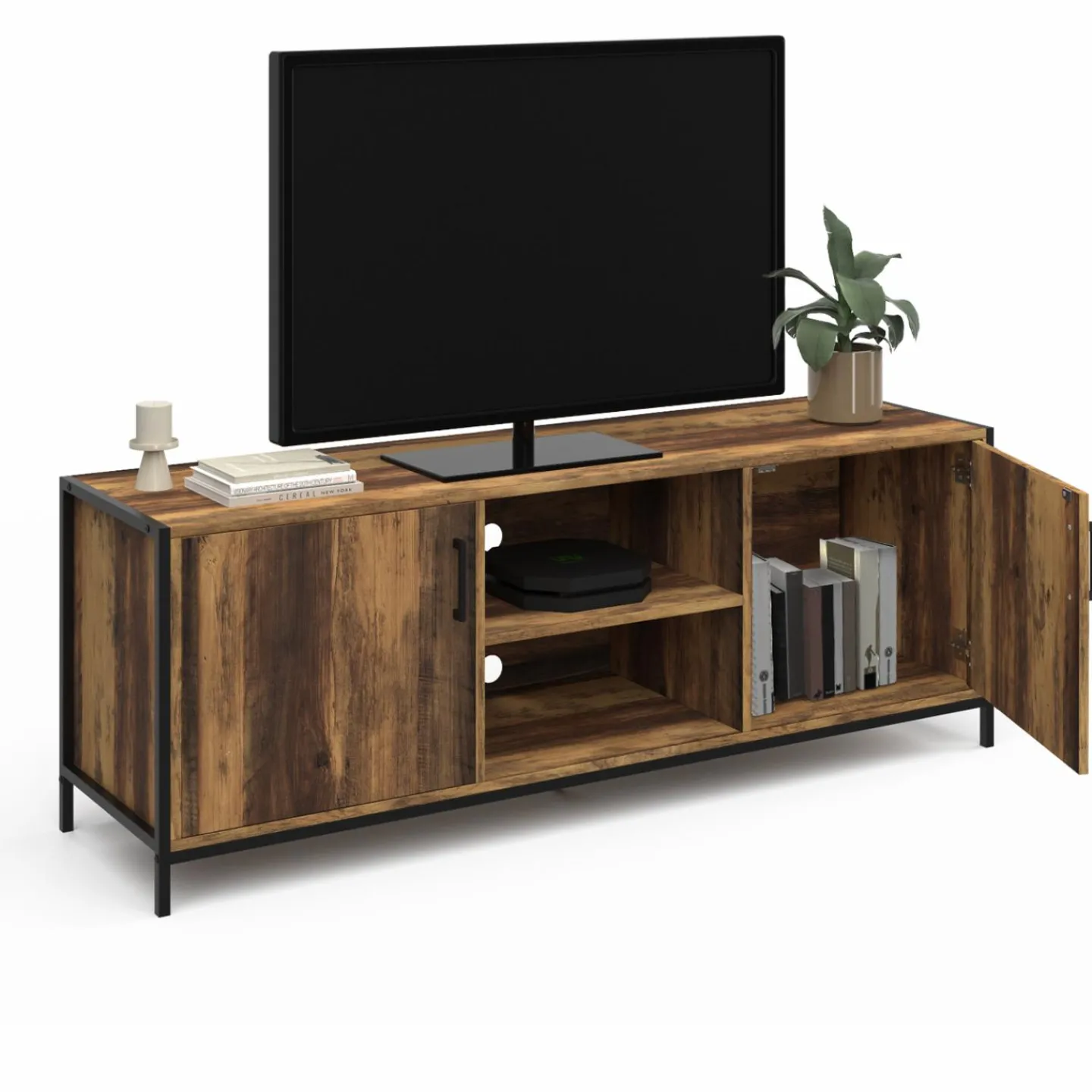 Meuble TV industriel 140 cm bois foncé avec 2 portes*IDMarket Clearance