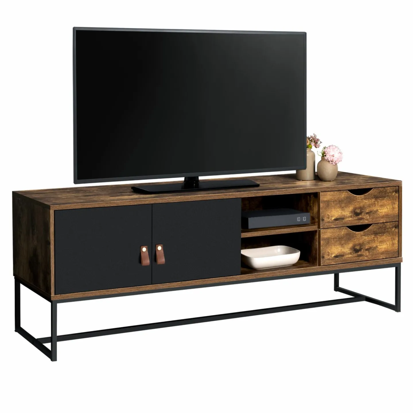 Meuble TV industriel bois et métal 140 cm avec 2 portes et tiroirs*IDMarket Online