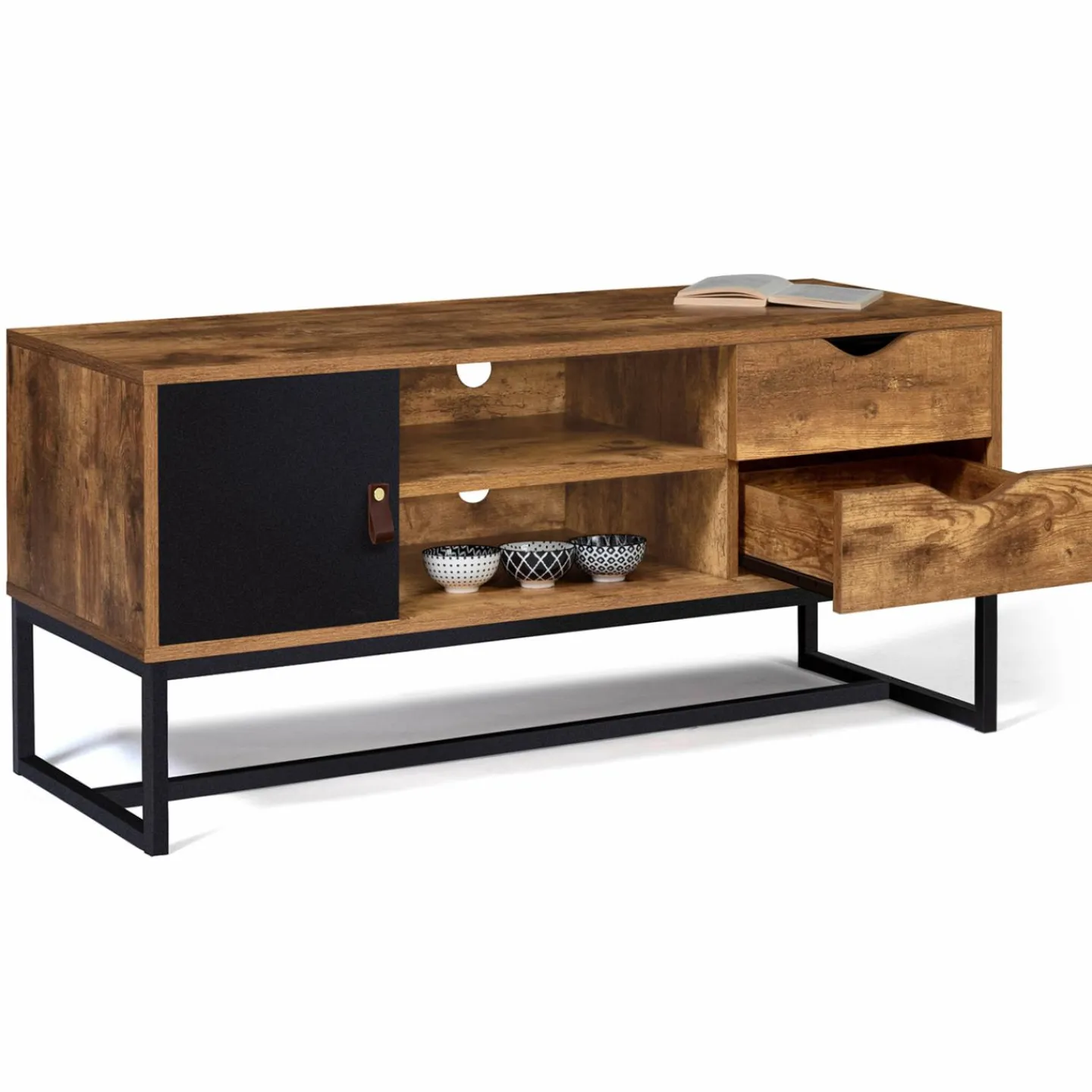 Meuble TV industriel bois métal 2 tiroirs avec placard*IDMarket Clearance