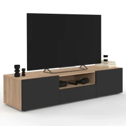 Meuble TV moderne 140cm bois façon hêtre portes noires*IDMarket Online