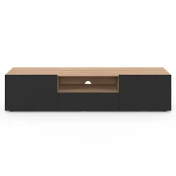 Meuble TV moderne 140cm bois façon hêtre portes noires*IDMarket Online