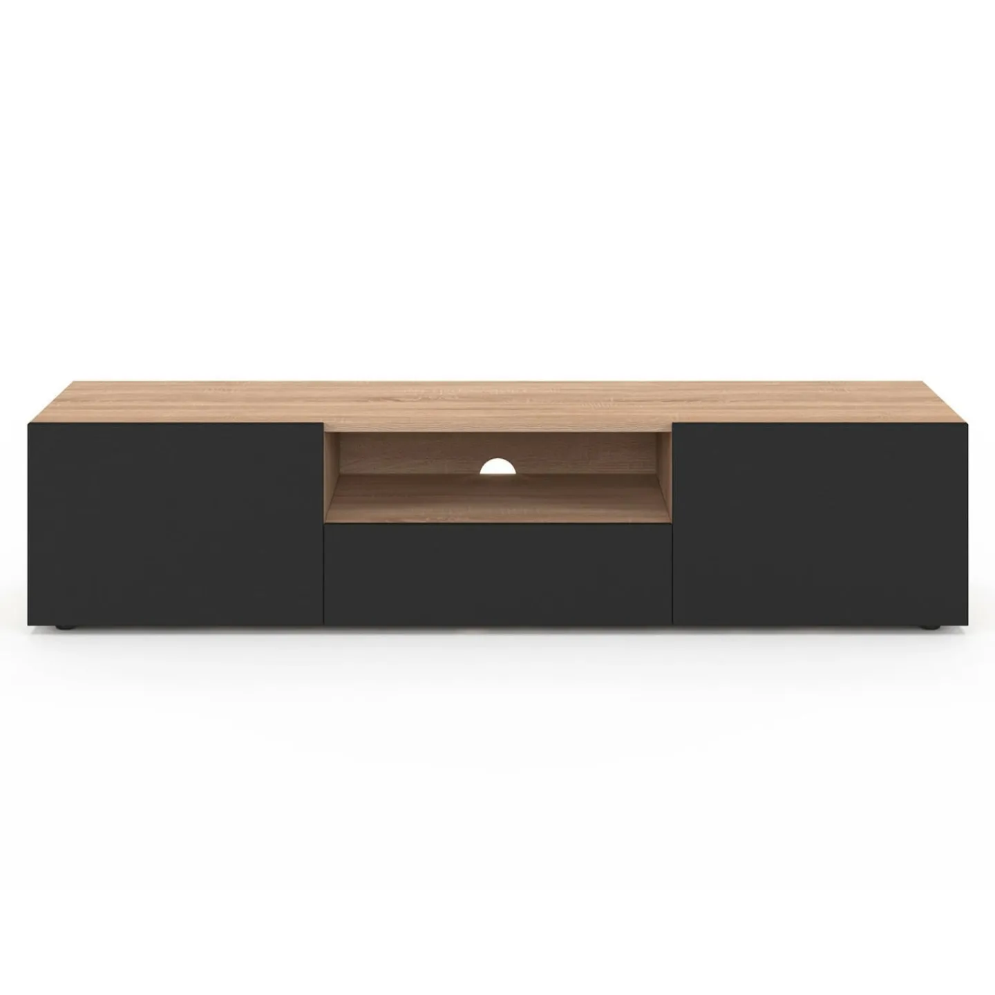 Meuble TV moderne 140cm bois façon hêtre portes noires*IDMarket Online