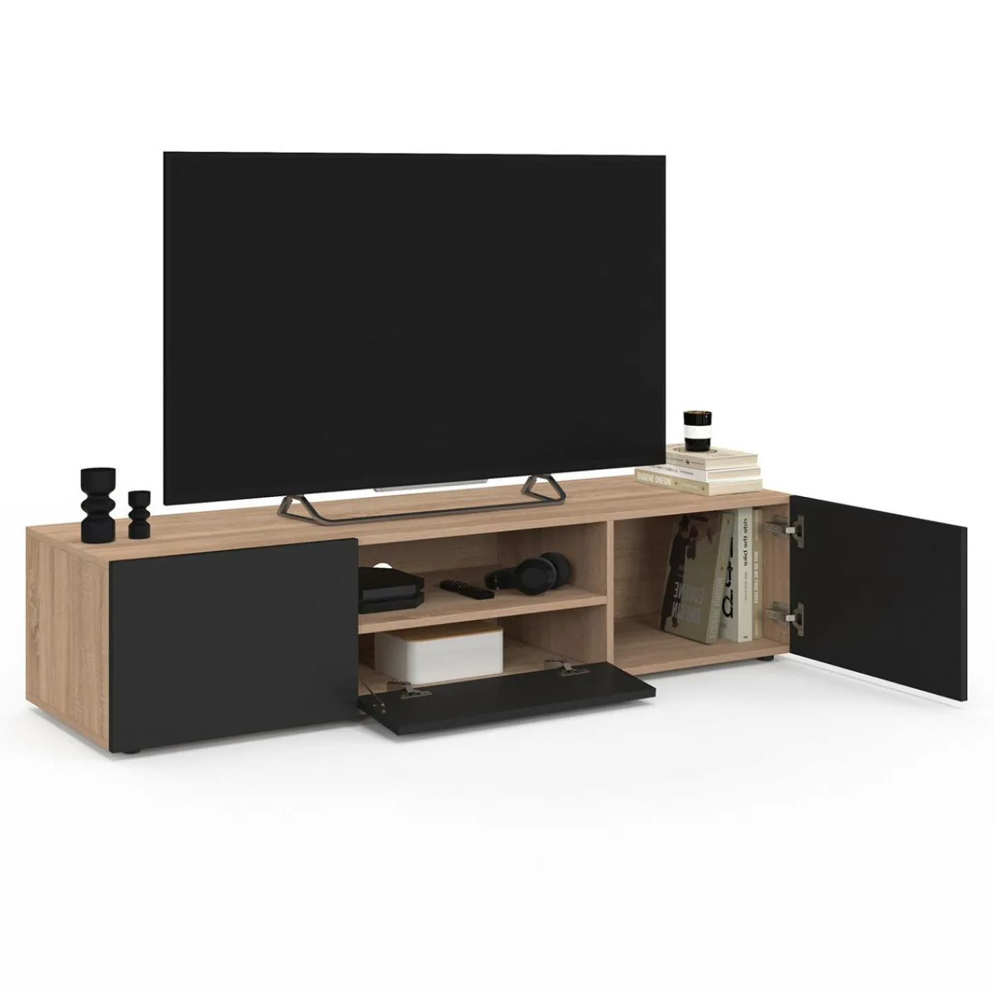 Meuble TV moderne 140cm bois façon hêtre portes noires*IDMarket Online