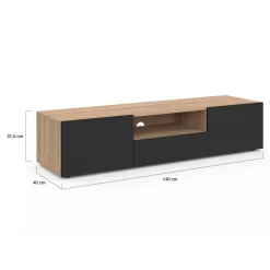Meuble TV moderne 140cm bois façon hêtre portes noires*IDMarket Online