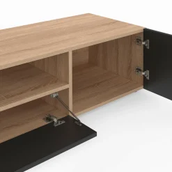 Meuble TV moderne 140cm bois façon hêtre portes noires*IDMarket Online
