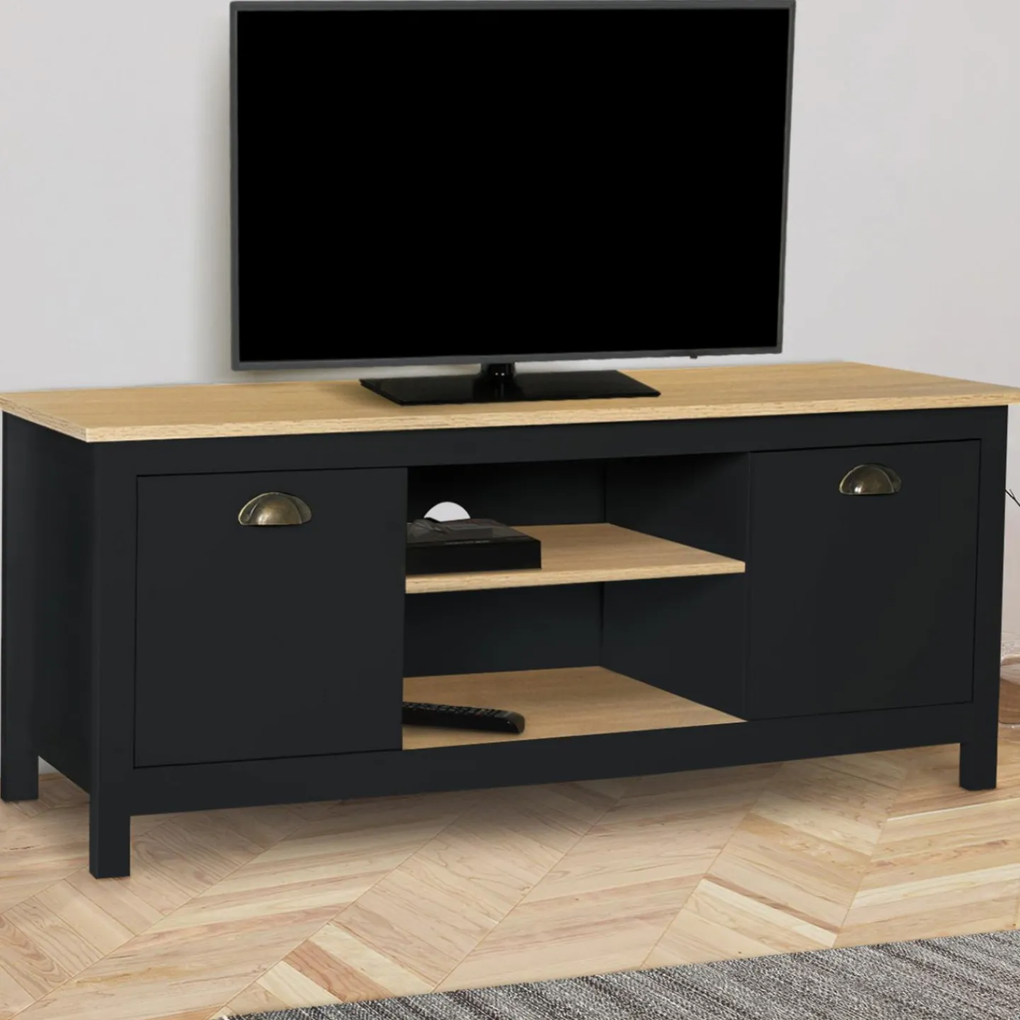 Meuble TV noir 113 cm 2 placards*IDMarket Online