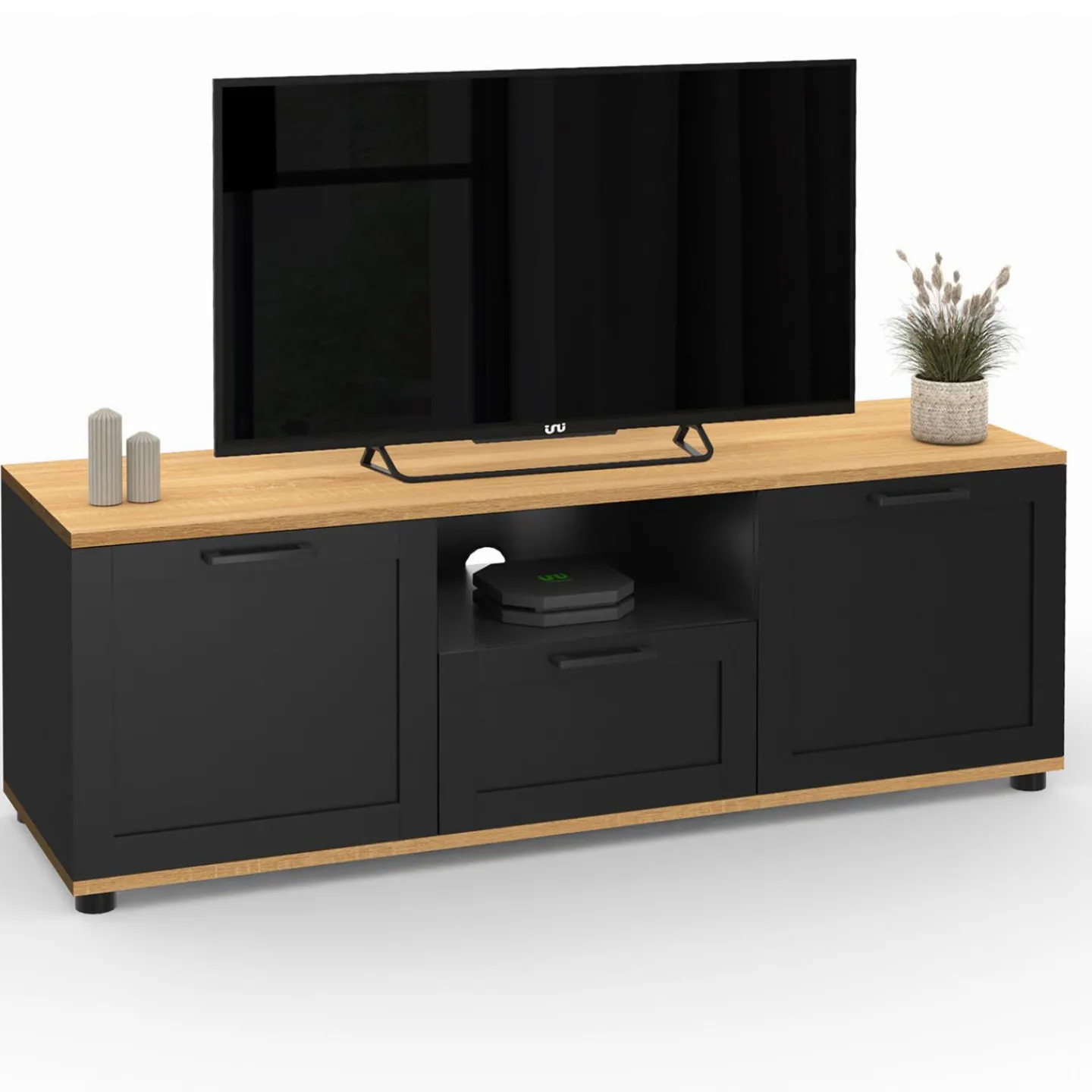 Meuble TV noir et bois 110 cm avec tiroir et niche*IDMarket Best