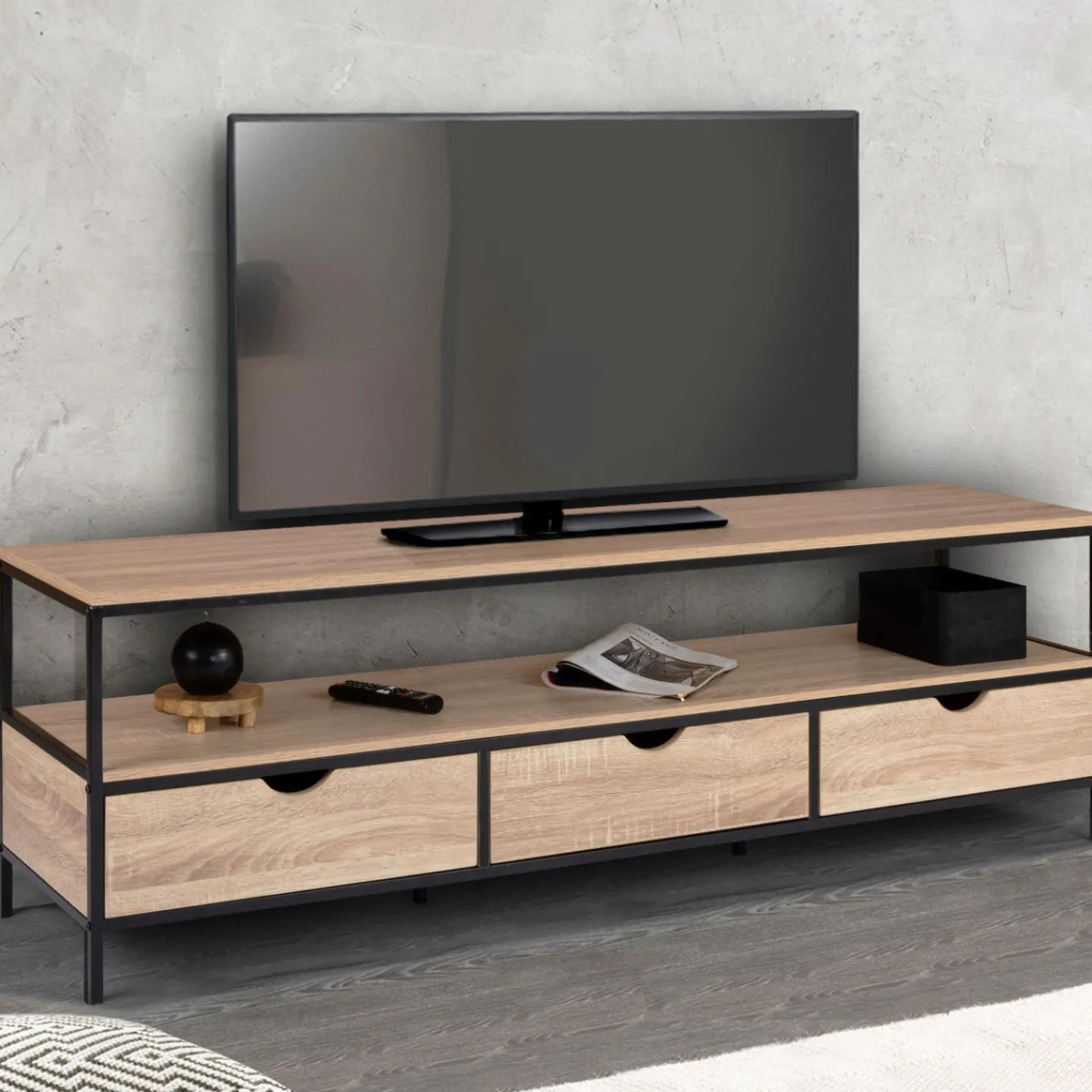 Meuble TV style industriel 3 tiroirs 160 cm*IDMarket Discount