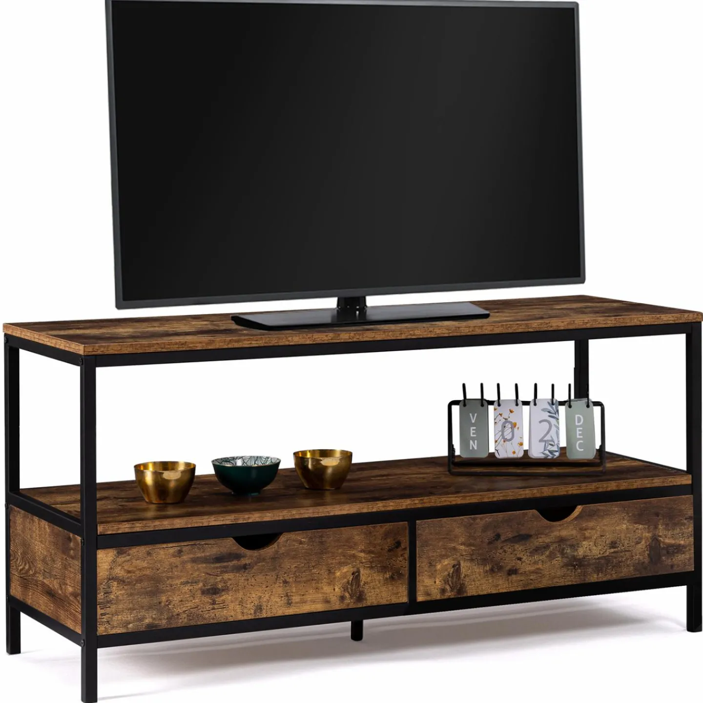 Meuble TV style industriel bois effet vieilli et métal 2 tiroirs*IDMarket Online