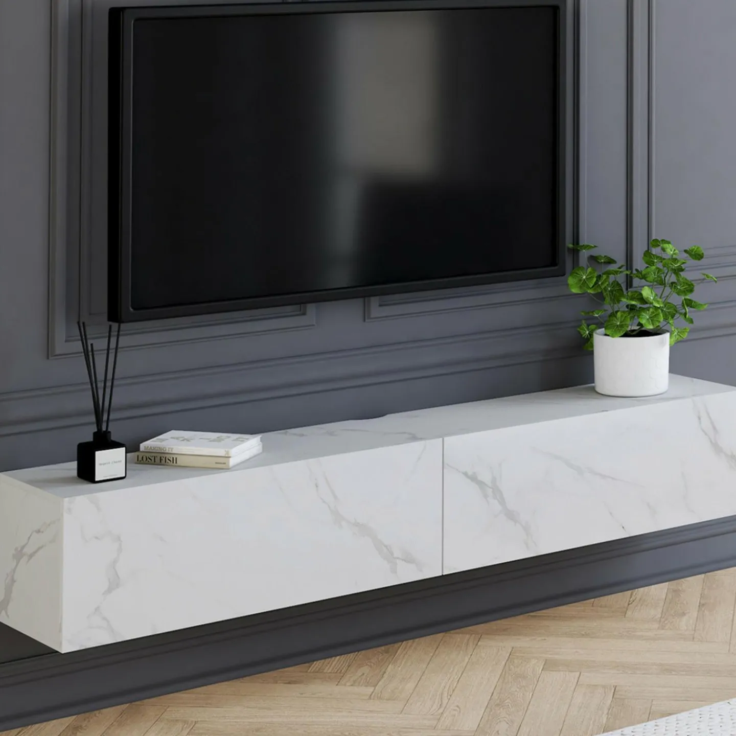 Meuble TV suspendu 2 portes bois effet marbre 180 cm*IDMarket Online