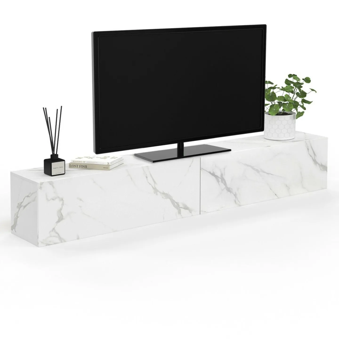 Meuble TV suspendu 2 portes bois effet marbre 180 cm*IDMarket Online