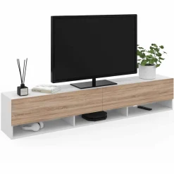 Meuble TV suspendu blanc et bois 180 cm avec étagères*IDMarket New