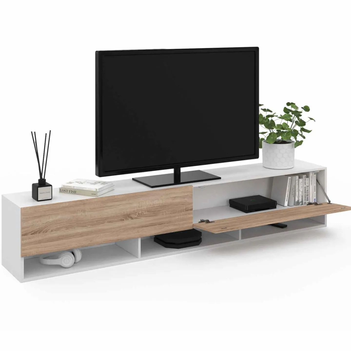 Meuble TV suspendu blanc et bois 180 cm avec étagères*IDMarket New