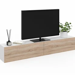Meuble TV suspendu blanc et bois*IDMarket