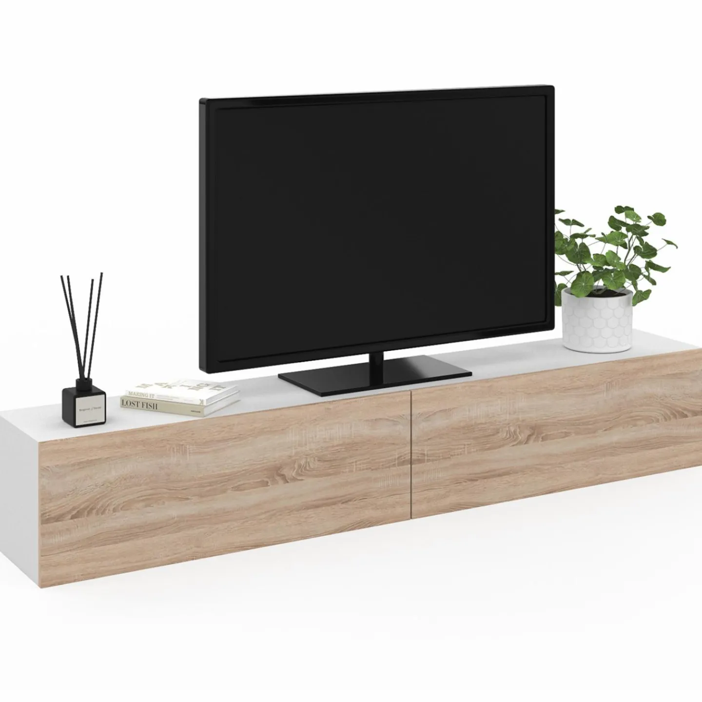 Meuble TV suspendu blanc et bois*IDMarket