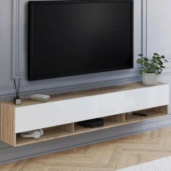 Meuble TV suspendu bois et blanc 180 cm avec étagères*IDMarket Discount