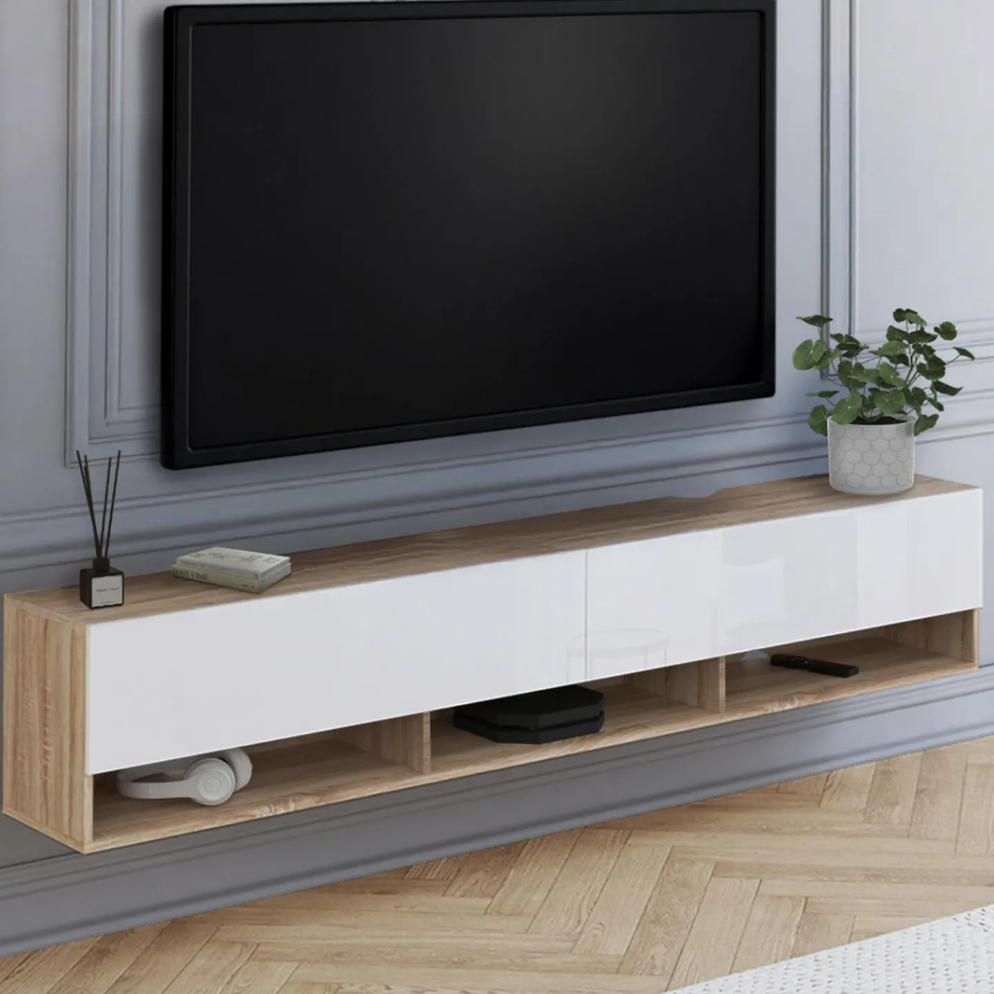 Meuble TV suspendu bois et blanc 180 cm avec étagères*IDMarket Discount