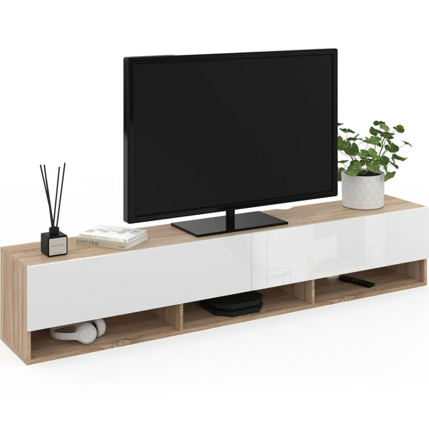 Meuble TV suspendu bois et blanc 180 cm avec étagères*IDMarket Discount