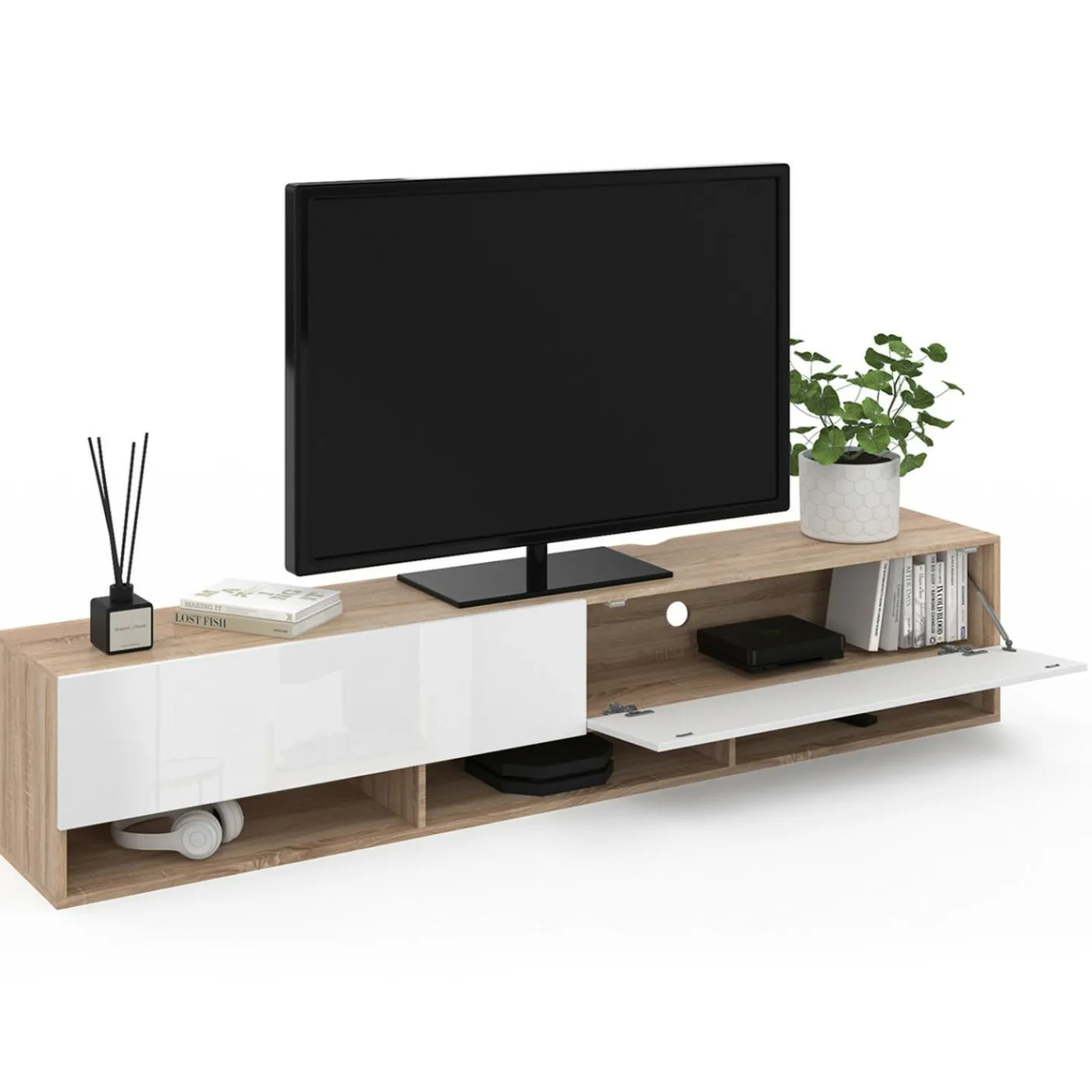 Meuble TV suspendu bois et blanc 180 cm avec étagères*IDMarket Discount
