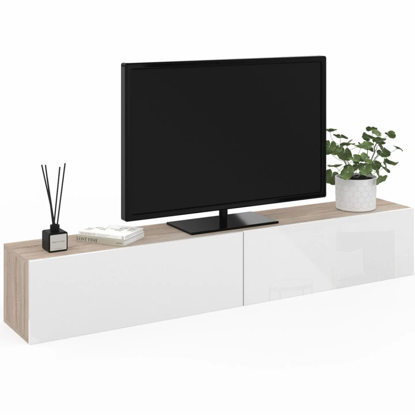 Meuble TV suspendu bois et blanc*IDMarket Discount