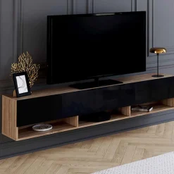 Meuble TV suspendu noir et bois 180 cm avec étagères*IDMarket Outlet