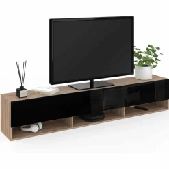 Meuble TV suspendu noir et bois 180 cm avec étagères*IDMarket Outlet