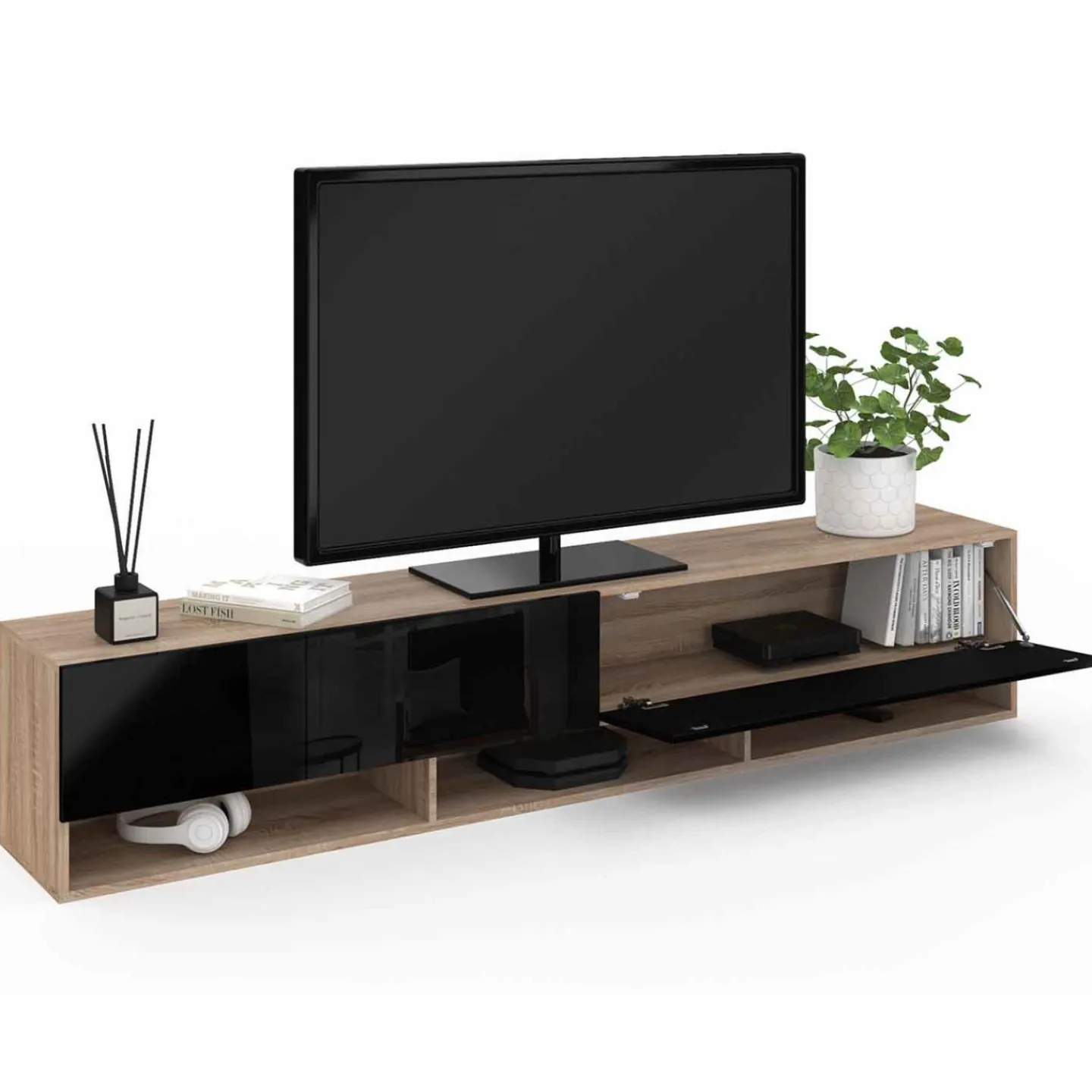 Meuble TV suspendu noir et bois 180 cm avec étagères*IDMarket Outlet