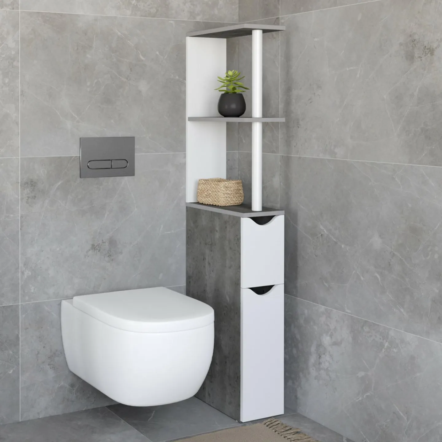 Meuble WC gain de place en bois blanc et effet béton*IDMarket