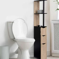 Meuble WC étagère avec portes : noir et bois*IDMarket Clearance