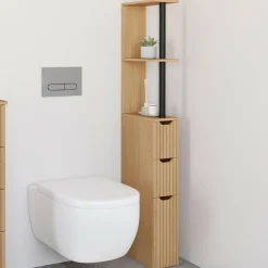 Meuble WC étagère bois 3 portes lattes bois coloris chêne*IDMarket Hot